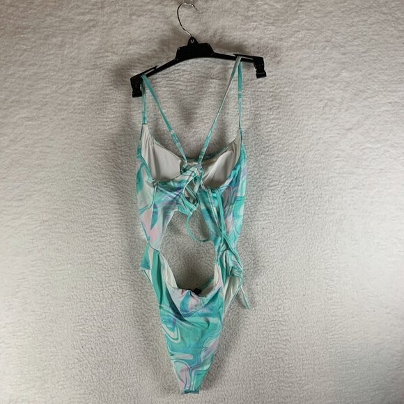 Aqua One Piece Swimsuit Women Large Multicolor Swirl Print‎ Cutout Stretch S9788 - Picture 2 of 5